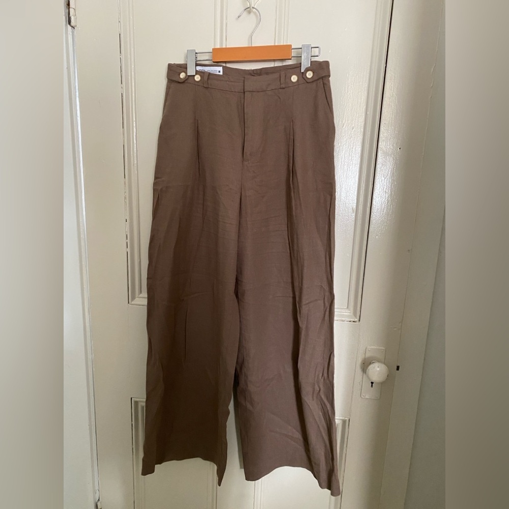 Linen blend wide leg pants in dark tan. Zara Taupe High-Waist Wide Leg Pants